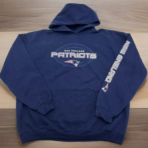 New‎ England Patriots Hoodie Men’s L Navy Sweatshirt NFL Sleeve Graphic Logo - Picture 1 of 7